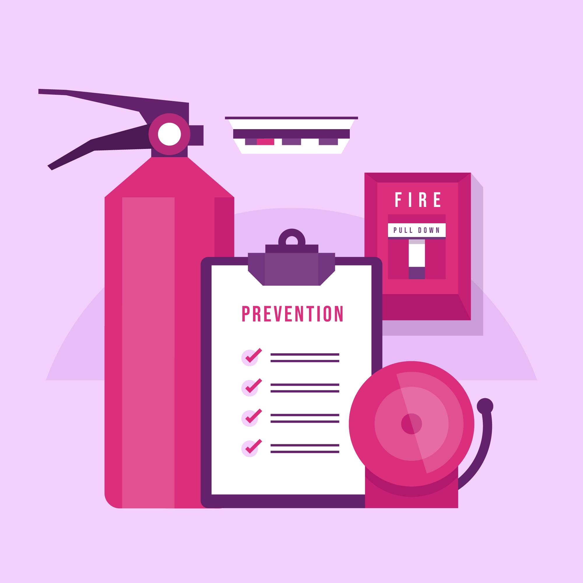 Checklist for fire prevention compliance in Ireland featuring a fire extinguisher, smoke alarm, and fire bell, relevant to the New 2025 Fire Safety Law.