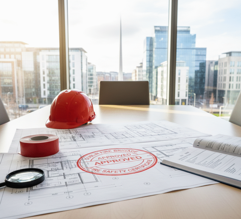 Commercial building plans on an office table with "Dublin Fire Brigade Approved" stamp, overlooking Dublin's Docklands skyline.