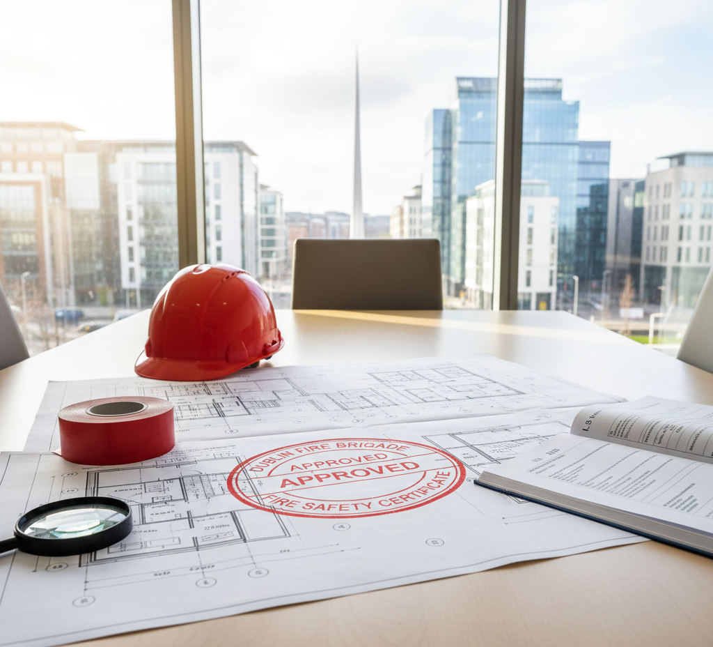 Commercial building plans on an office table with "Dublin Fire Brigade Approved" stamp, overlooking Dublin's Docklands skyline.