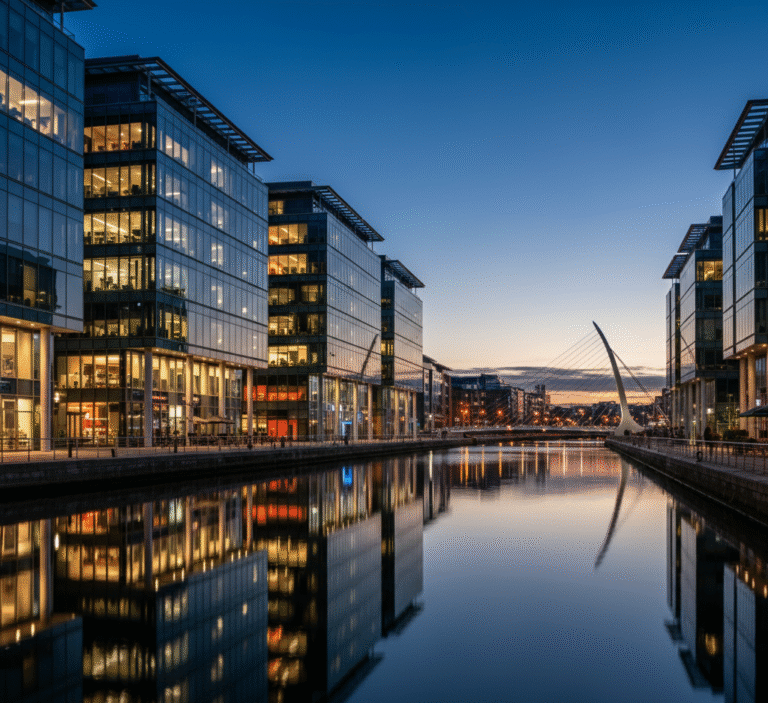 Modern commercial office buildings in Dublin's Docklands/IFSC area at dusk, requiring strict I.S. 3218 fire safety compliance.